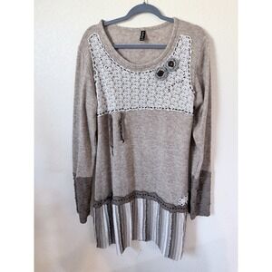 Sacred Threads Dress Womens XL Boho Mixed Media Lace Sweater Beige Gray Striped